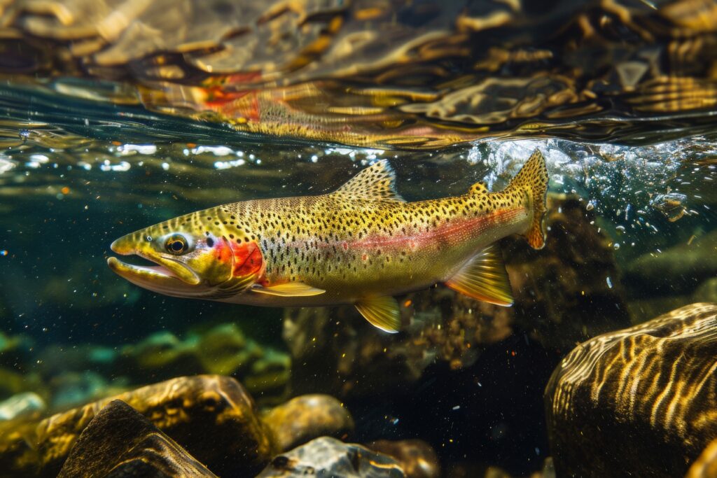 Underwater photo of a colorful rainbow trout swimming in a clear stream, highlighting its vibrant scales and natural surroundings.